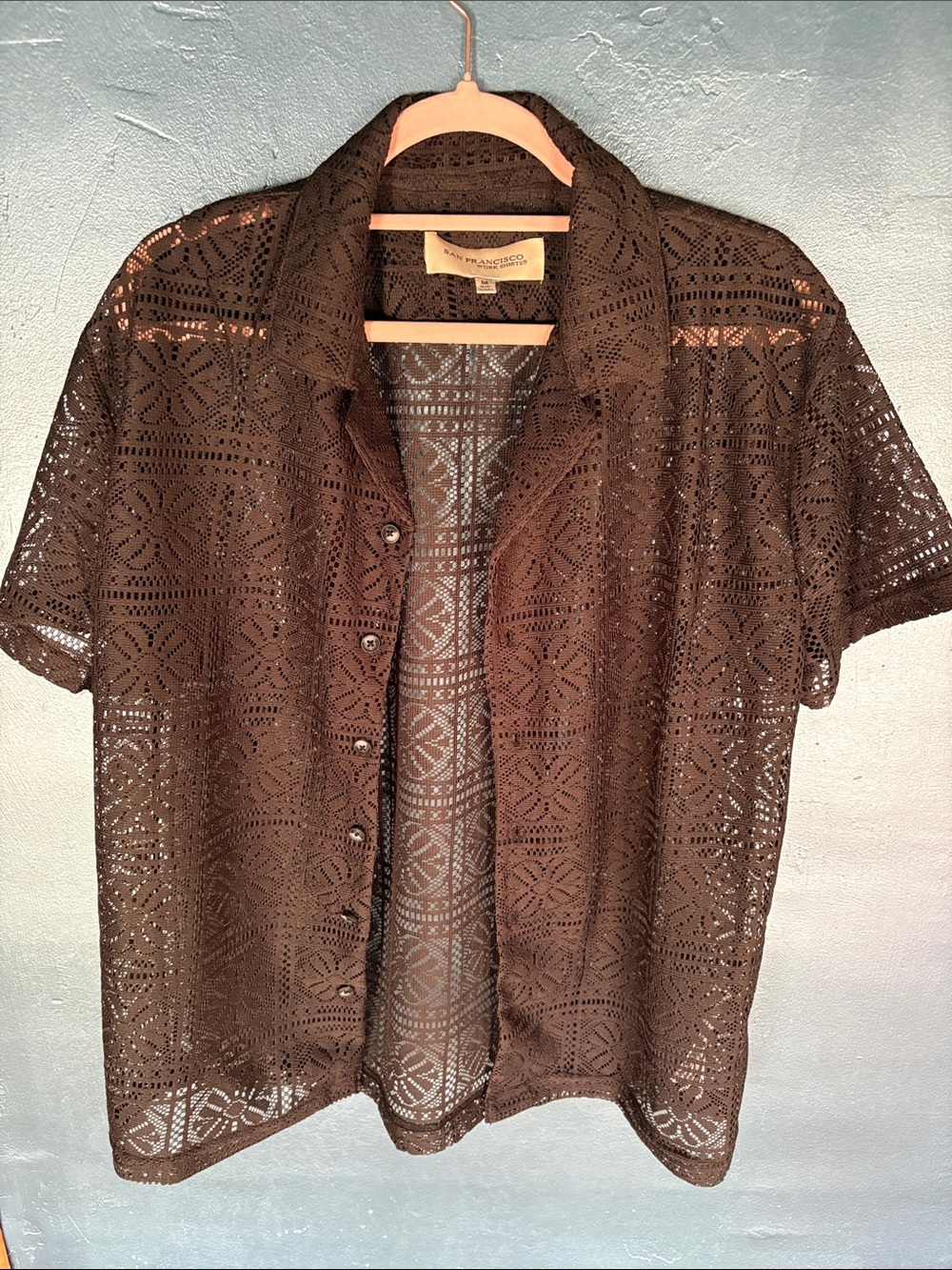 Short-Sleeve Brown Lace Button-Up Shirt